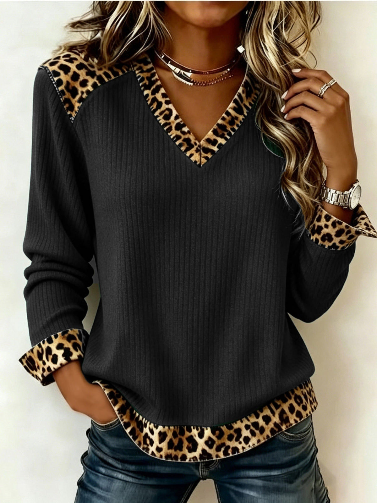 Viola-Mavis | Women's Ribbed V-Neck Top with Animal-Print Trim