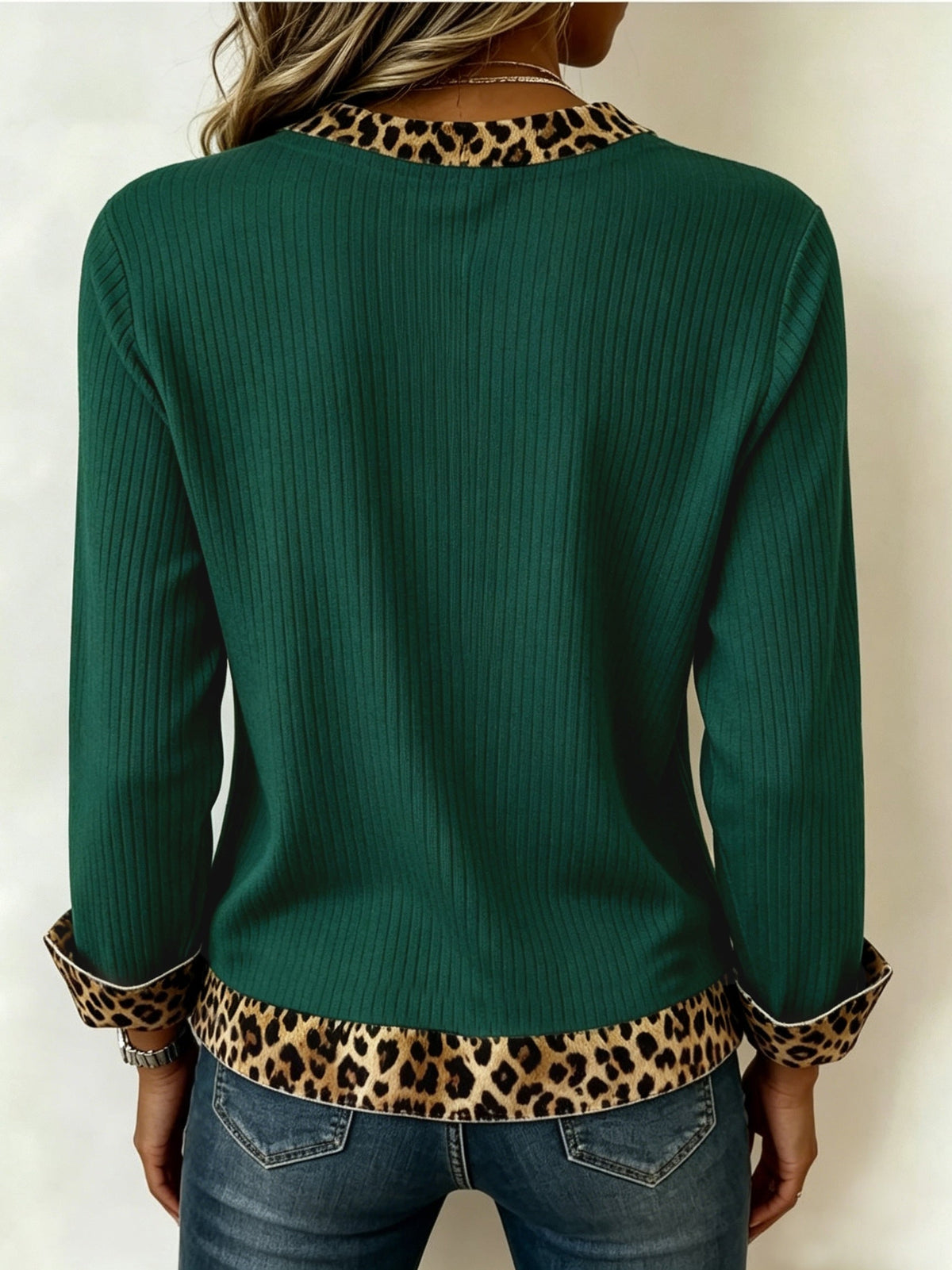 Viola-Mavis | Women's Ribbed V-Neck Top with Animal-Print Trim