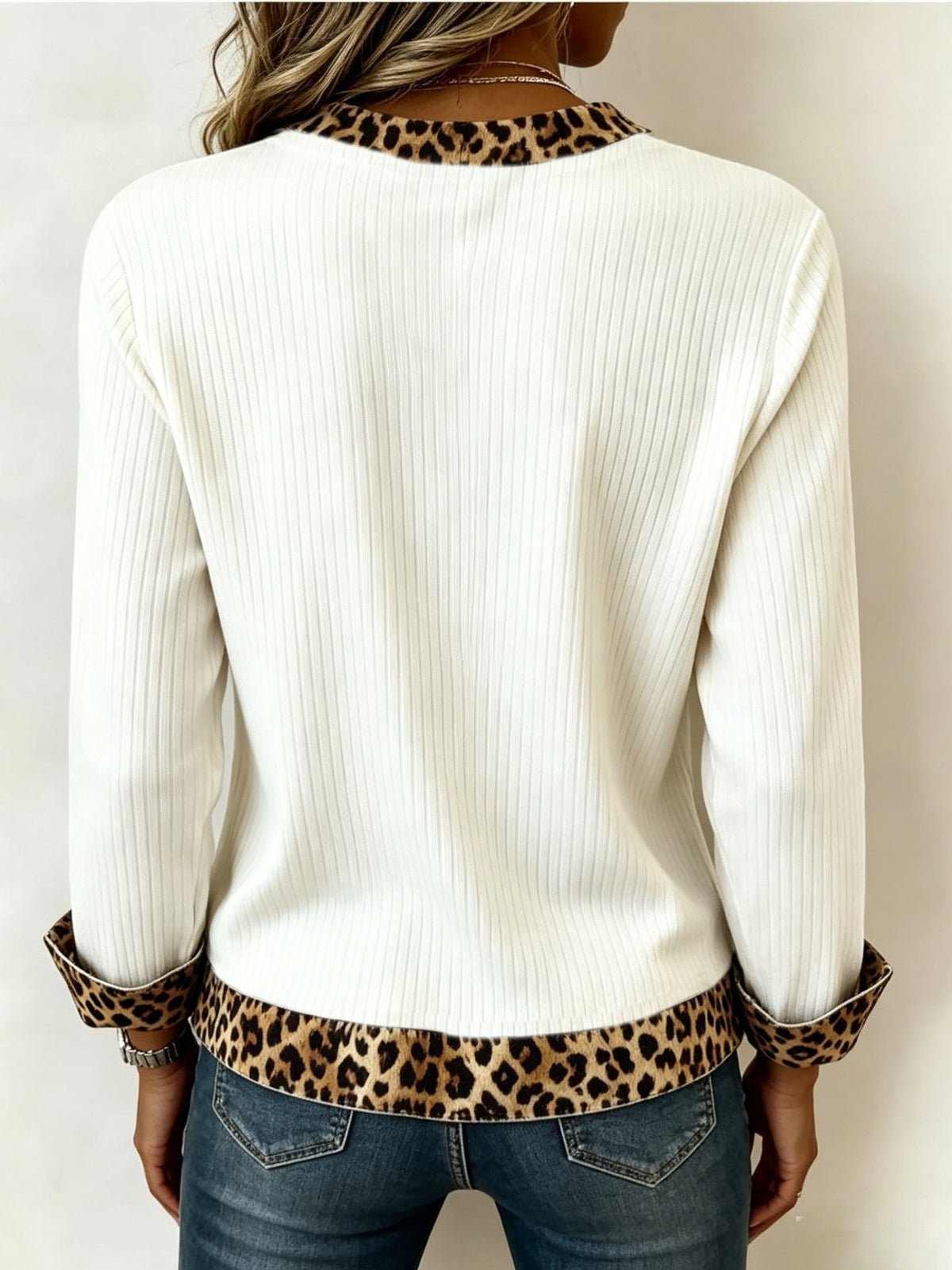 Viola-Mavis | Women's Ribbed V-Neck Top with Animal-Print Trim