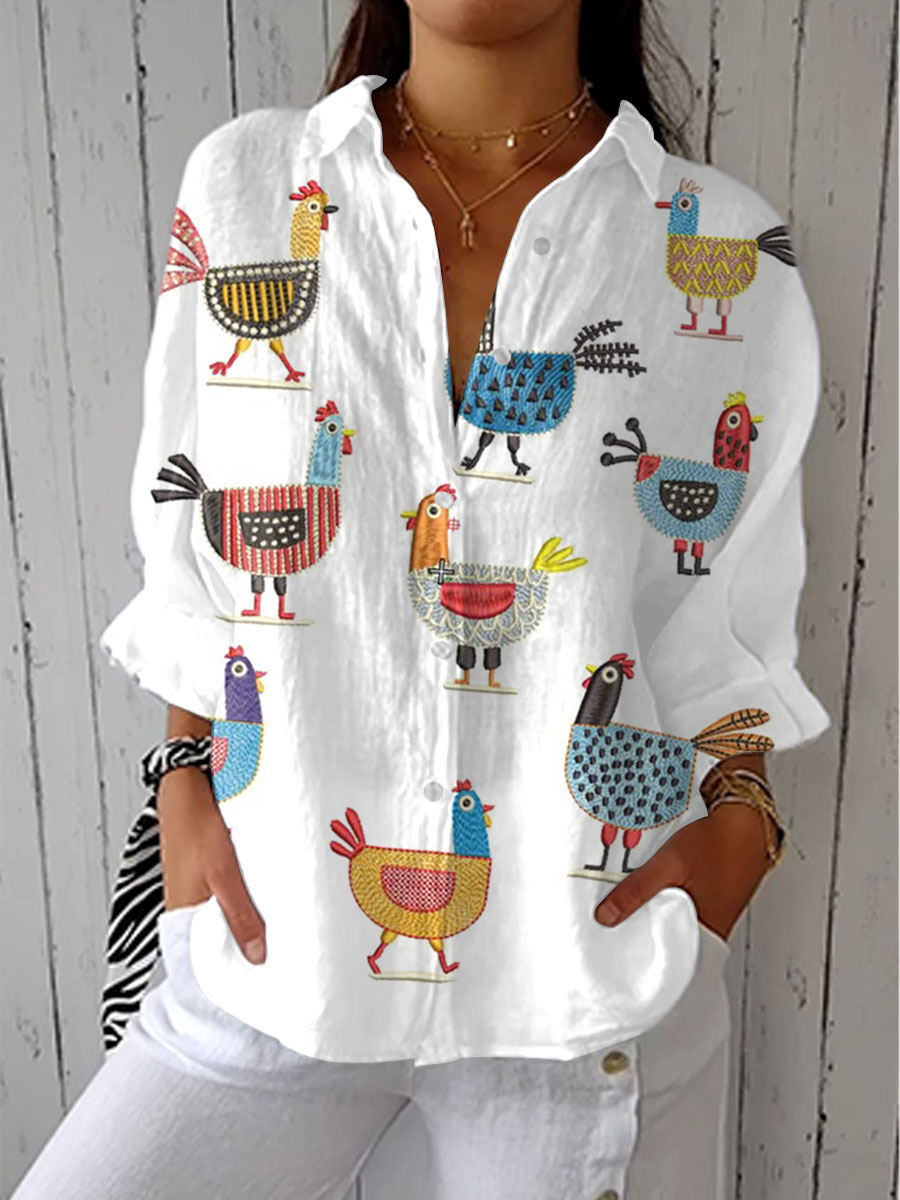 Selma | Women's Rooster-Print Linen Button-Down Blouse