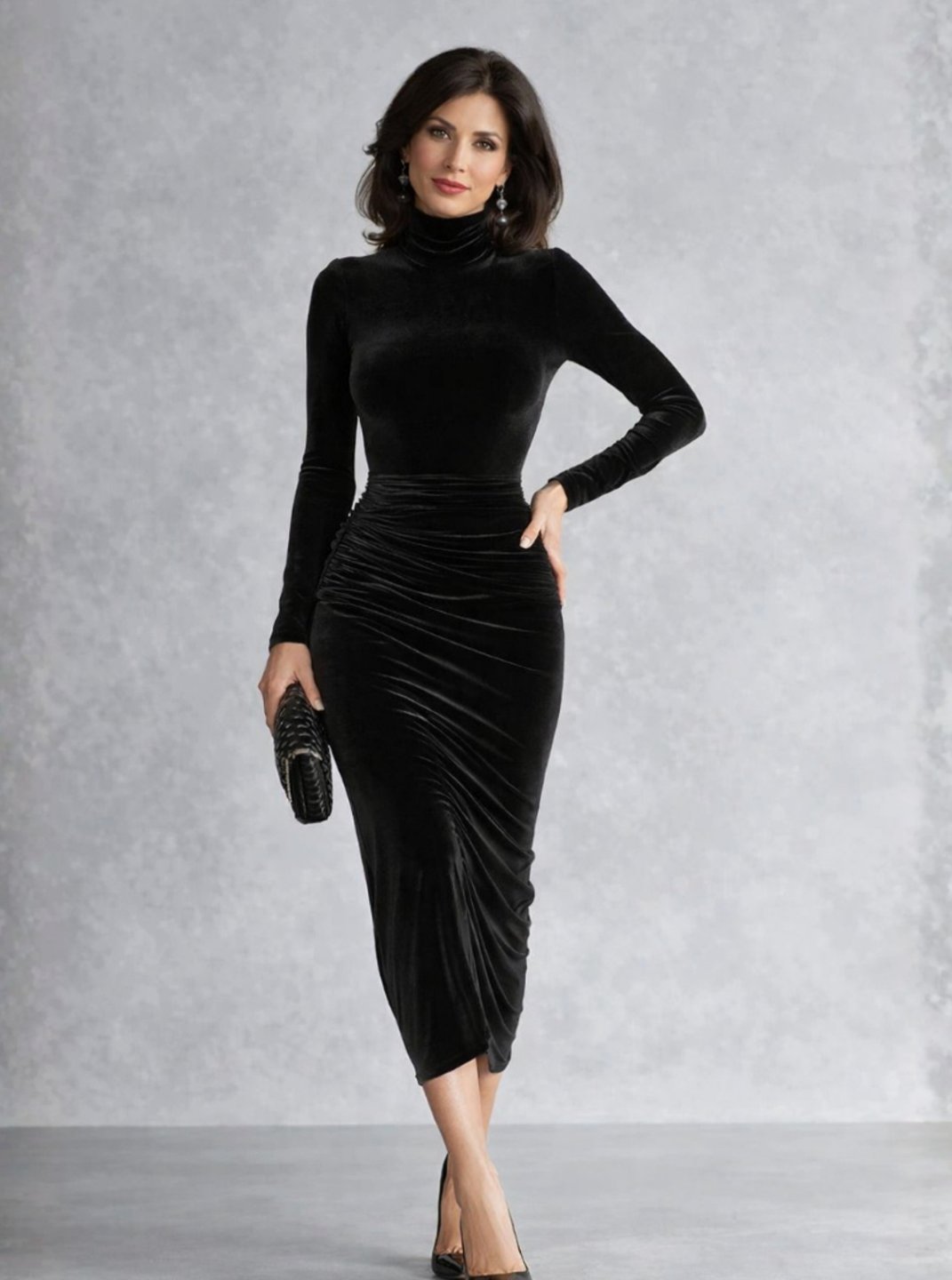Stella | Women's Ruched Velvet Turtleneck Midi Dress