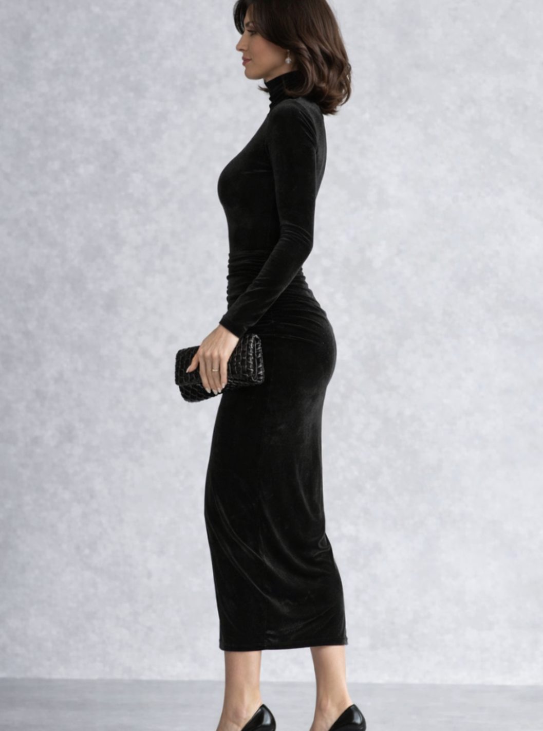 Stella | Women's Ruched Velvet Turtleneck Midi Dress