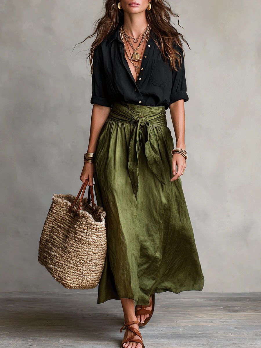 Paloma-Valerie | Women's Satin Blouse & Tie-Waist Midi Skirt Set