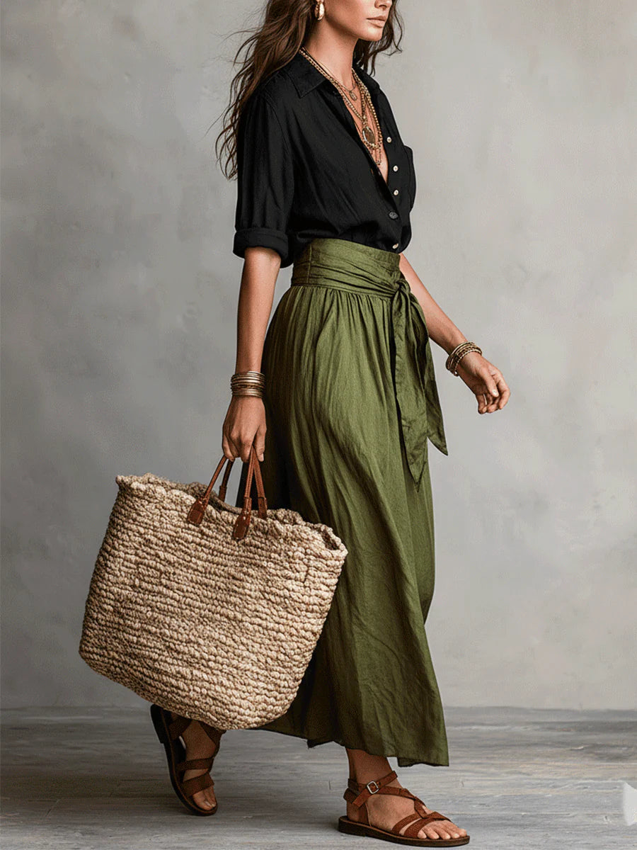 Paloma-Valerie | Women's Satin Blouse & Tie-Waist Midi Skirt Set