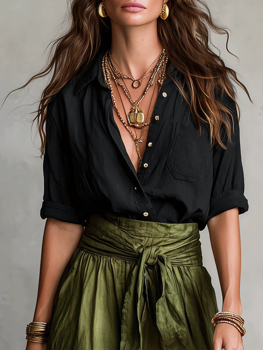 Paloma-Valerie | Women's Satin Blouse & Tie-Waist Midi Skirt Set
