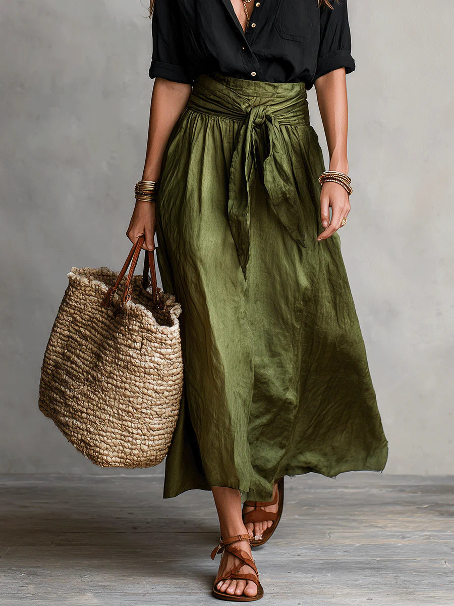 Paloma-Valerie | Women's Satin Blouse & Tie-Waist Midi Skirt Set