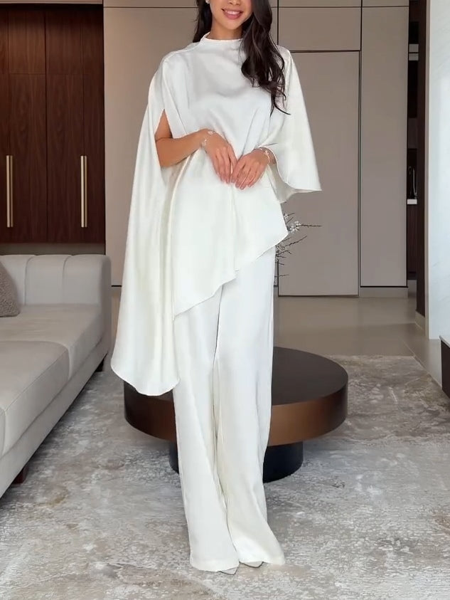 Teresa-Edith | Women's Satin Cape Top and Wide-Leg Trouser Two-Piece Set