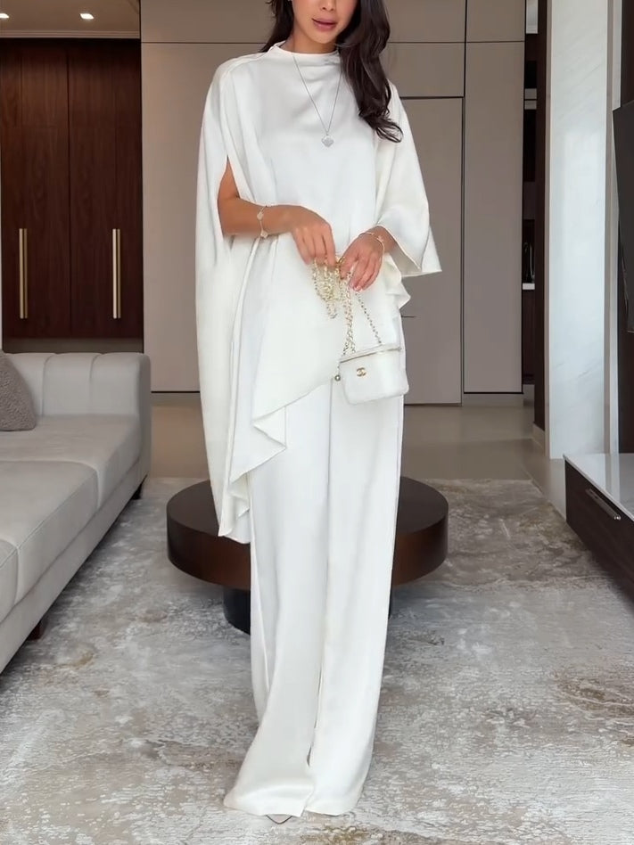 Teresa-Edith | Women's Satin Cape Top and Wide-Leg Trouser Two-Piece Set
