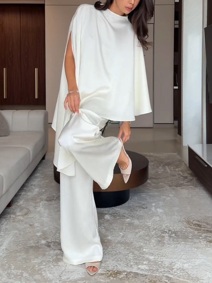 Teresa-Edith | Women's Satin Cape Top and Wide-Leg Trouser Two-Piece Set