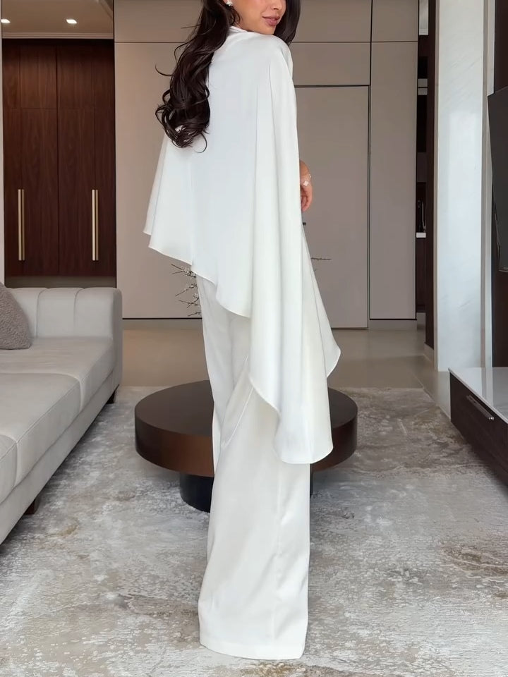 Teresa-Edith | Women's Satin Cape Top and Wide-Leg Trouser Two-Piece Set