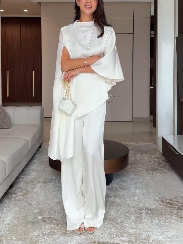 Teresa-Edith | Women's Satin Cape Top and Wide-Leg Trouser Two-Piece Set