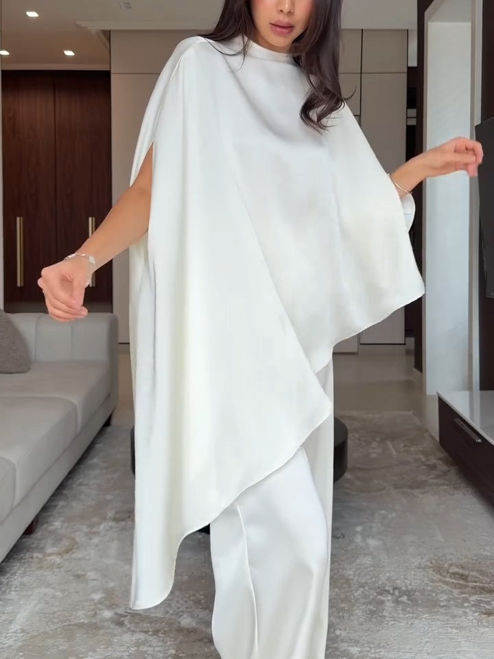 Teresa-Edith | Women's Satin Cape Top and Wide-Leg Trouser Two-Piece Set