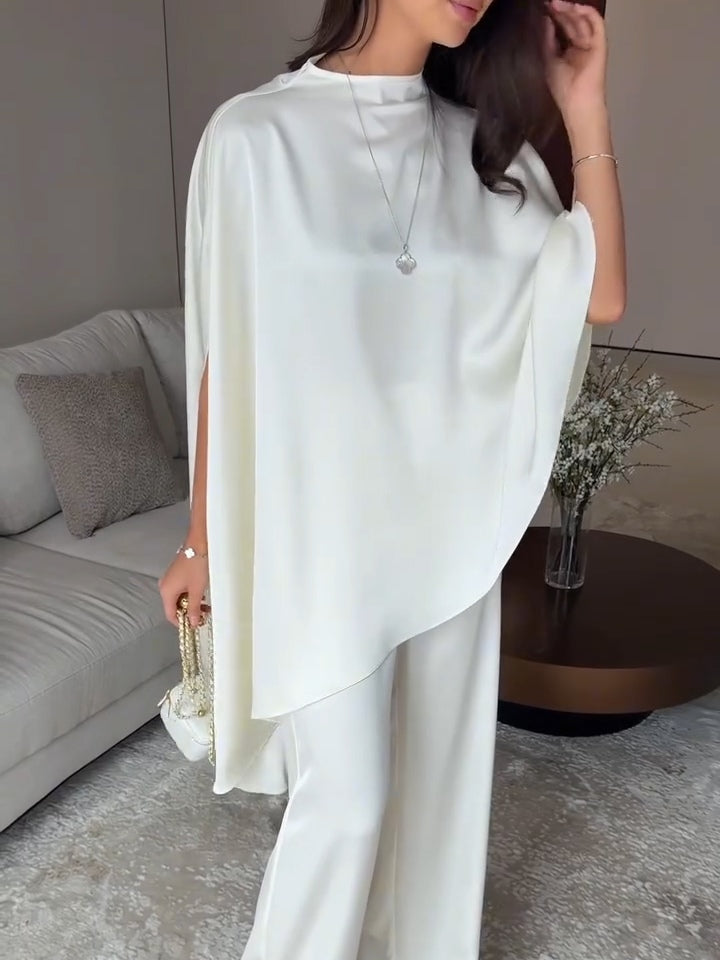 Teresa-Edith | Women's Satin Cape Top and Wide-Leg Trouser Two-Piece Set