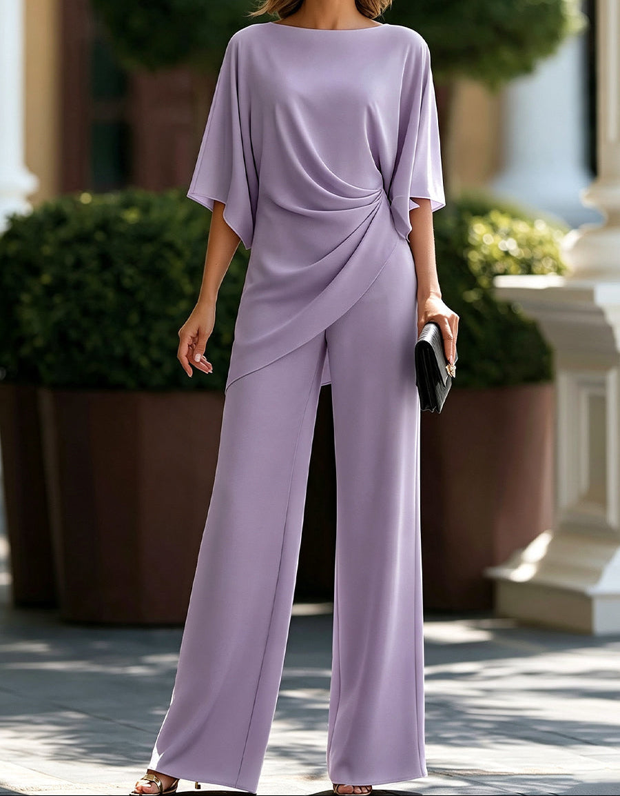 Opal-Roberta | Women's Satin-Feel Draped Top and Wide-Leg Trouser Set