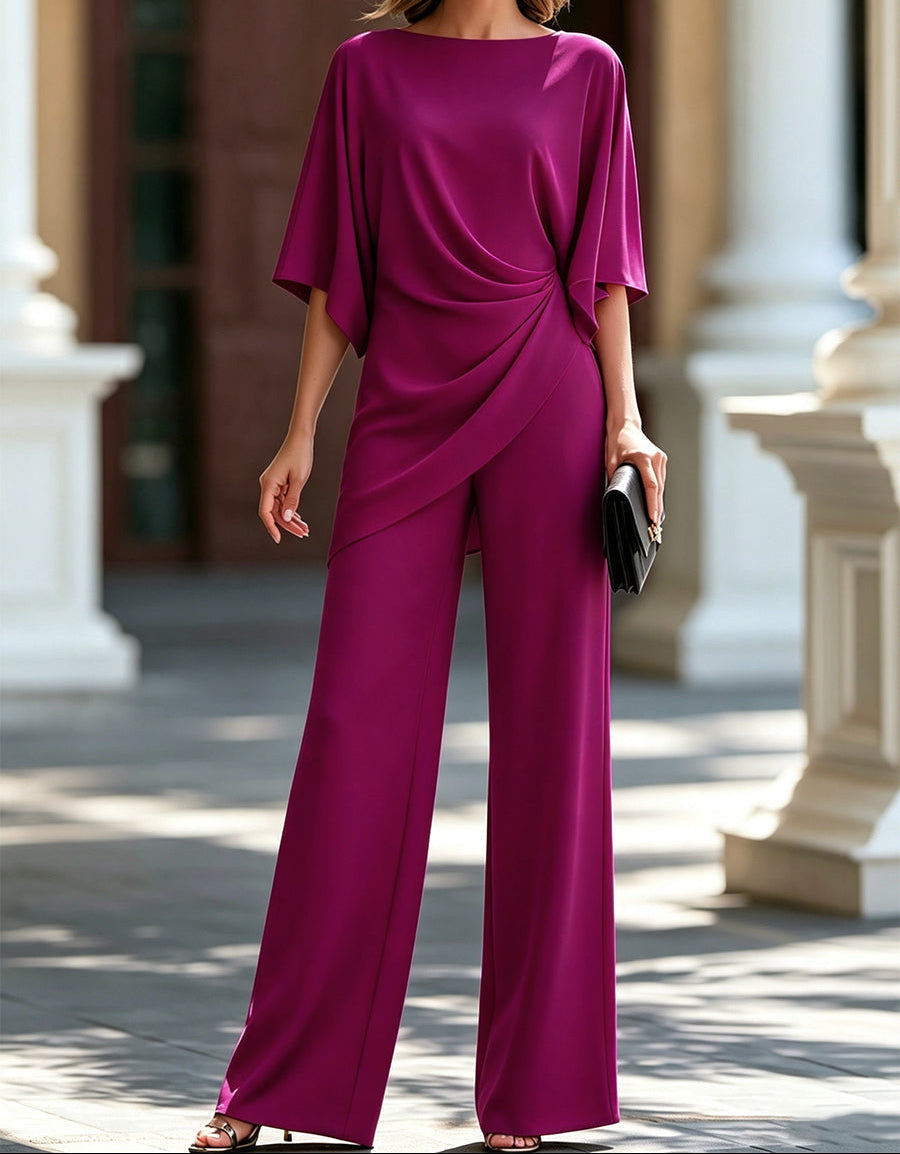 Opal-Roberta | Women's Satin-Feel Draped Top and Wide-Leg Trouser Set