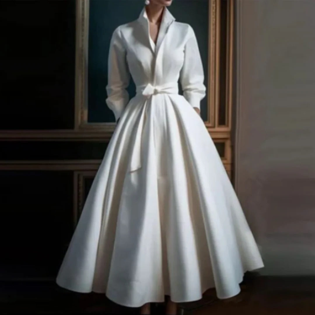 Stella-Annelise | Women's Satin Long-Sleeve A-Line Shirt Maxi Dress