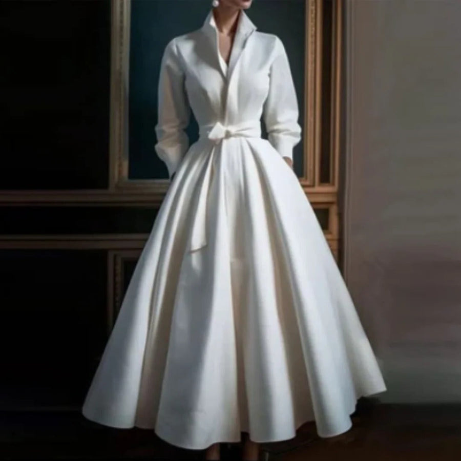 Stella-Annelise | Women's Satin Long-Sleeve A-Line Shirt Maxi Dress
