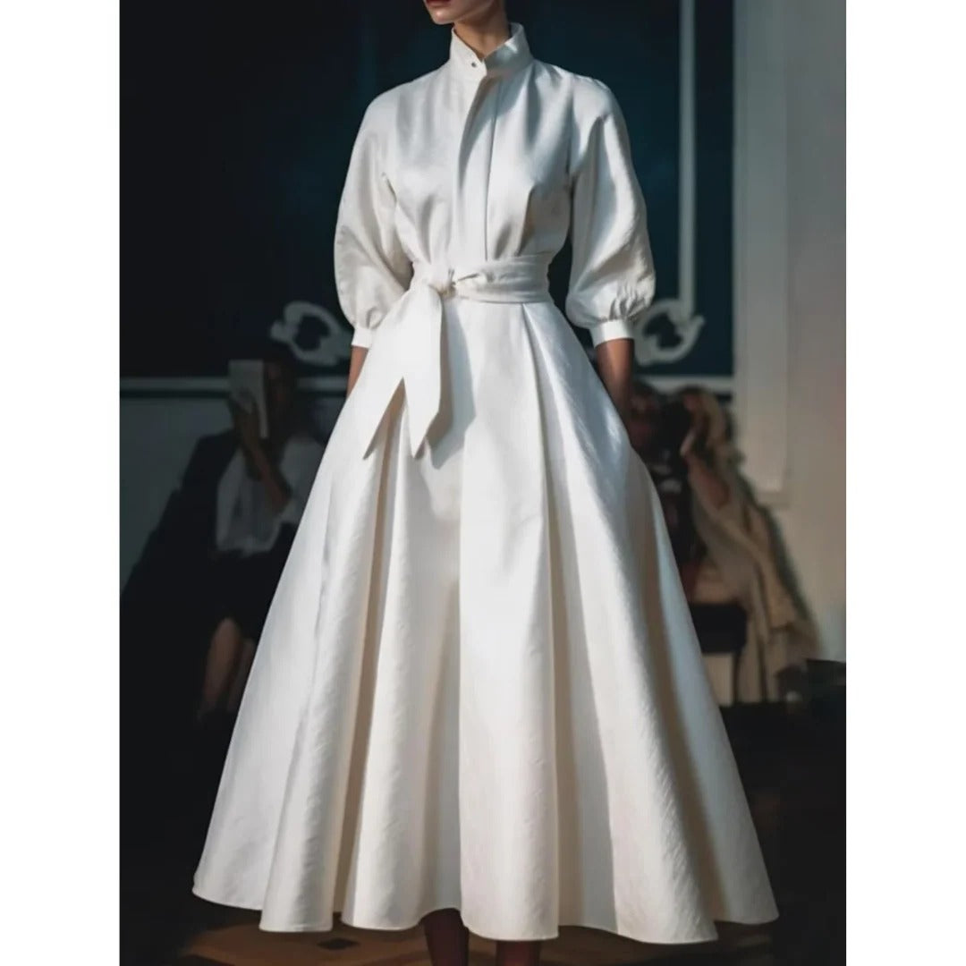 Stella-Annelise | Women's Satin Long-Sleeve A-Line Shirt Maxi Dress