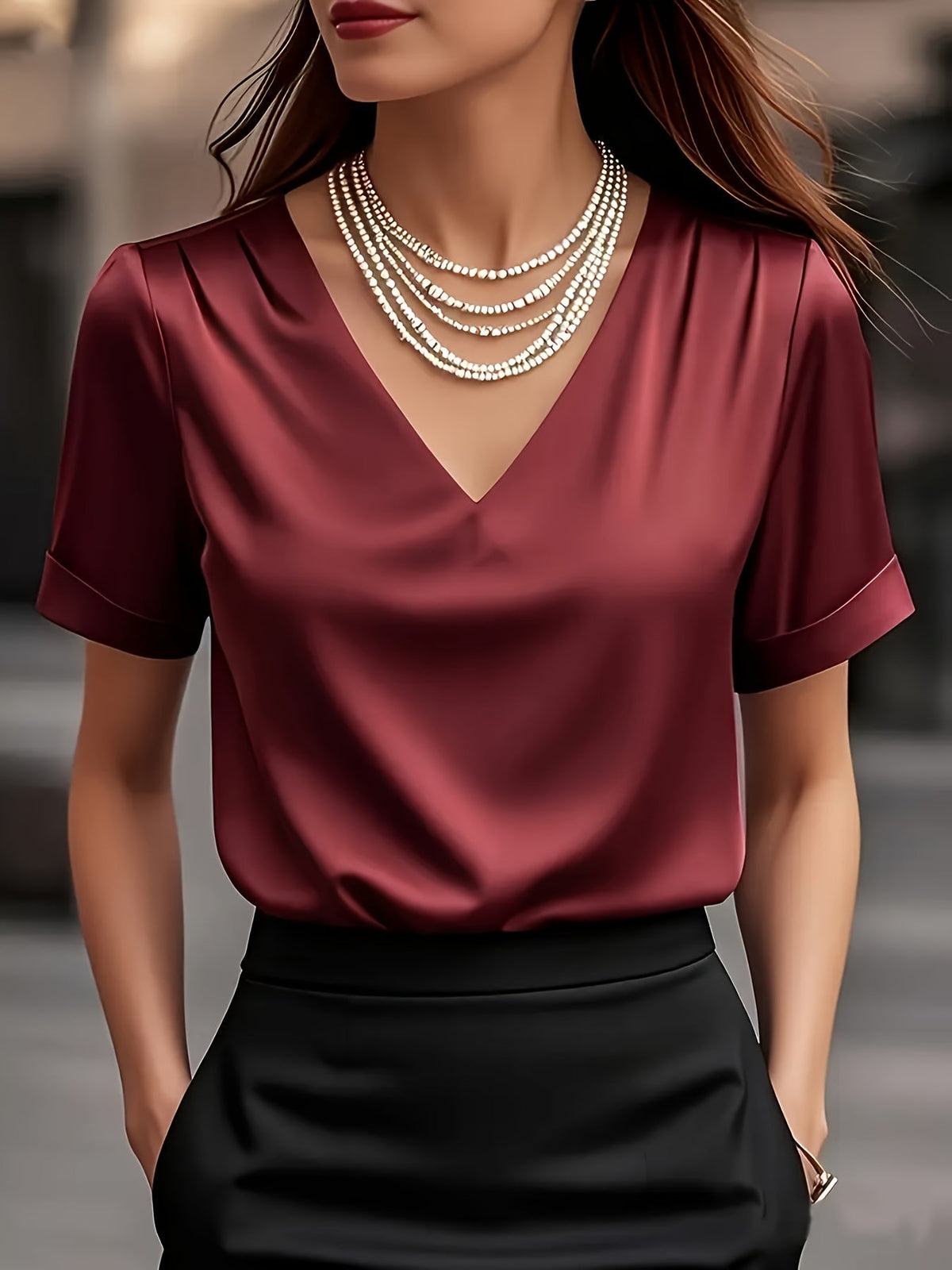 Katharine-Georgia | Women's Satin V-Neck Blouse