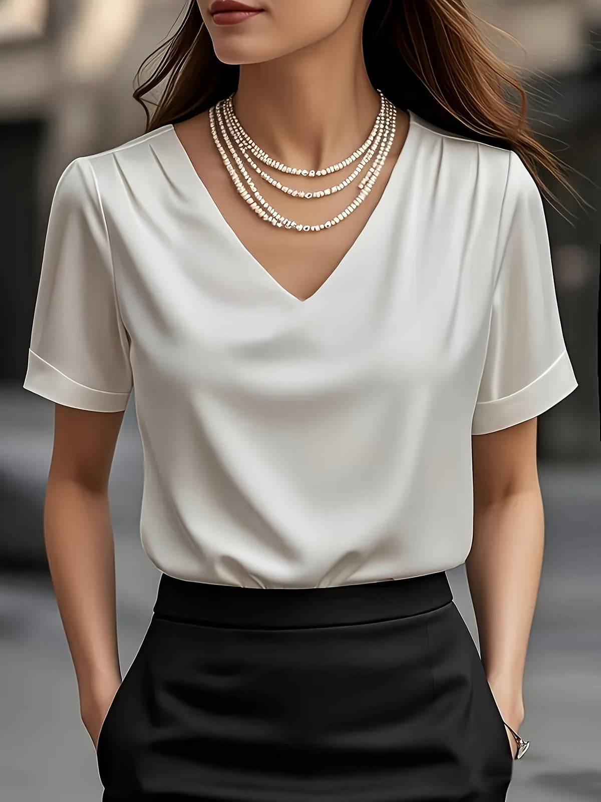 Katharine-Georgia | Women's Satin V-Neck Blouse