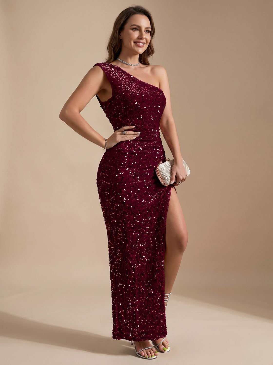 Martha-Astrid | Women's Sequin One-Shoulder High-Slit Maxi Dress