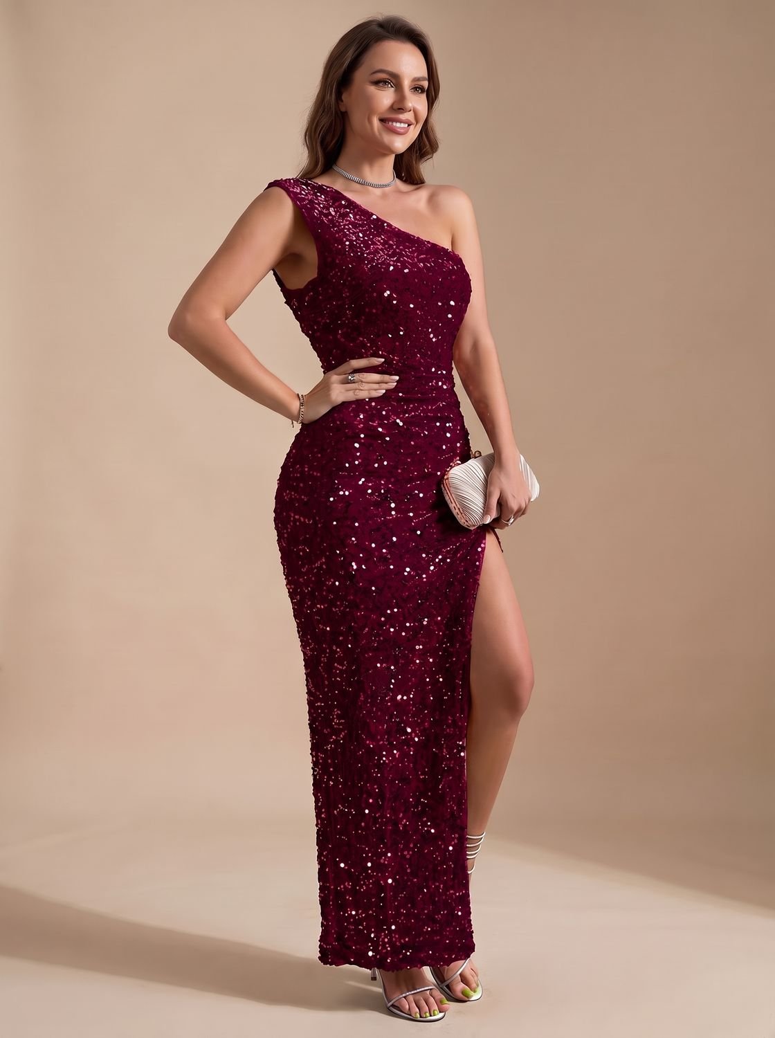 Martha-Astrid | Women's Sequin One-Shoulder High-Slit Maxi Dress