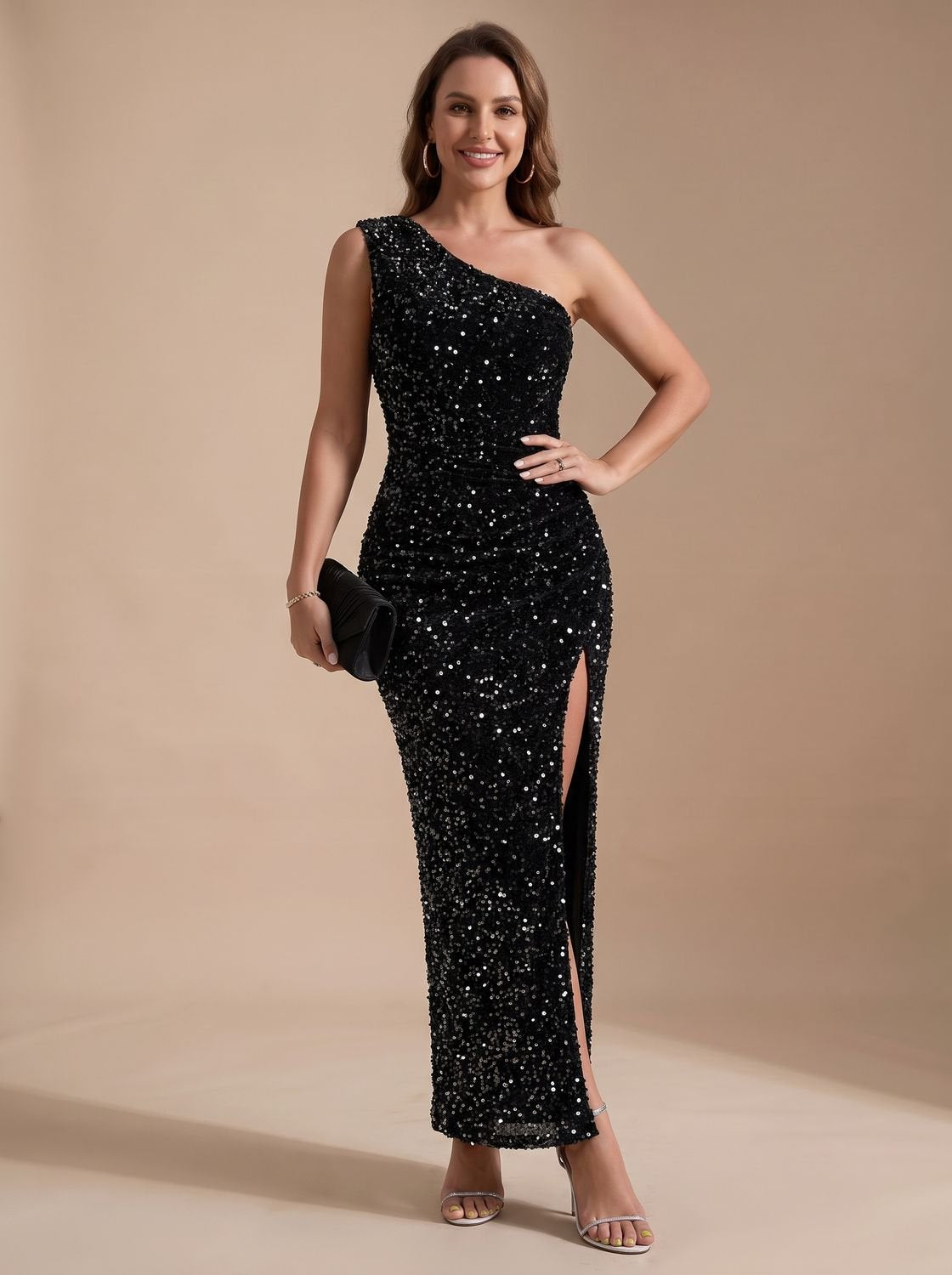Martha-Astrid | Women's Sequin One-Shoulder High-Slit Maxi Dress