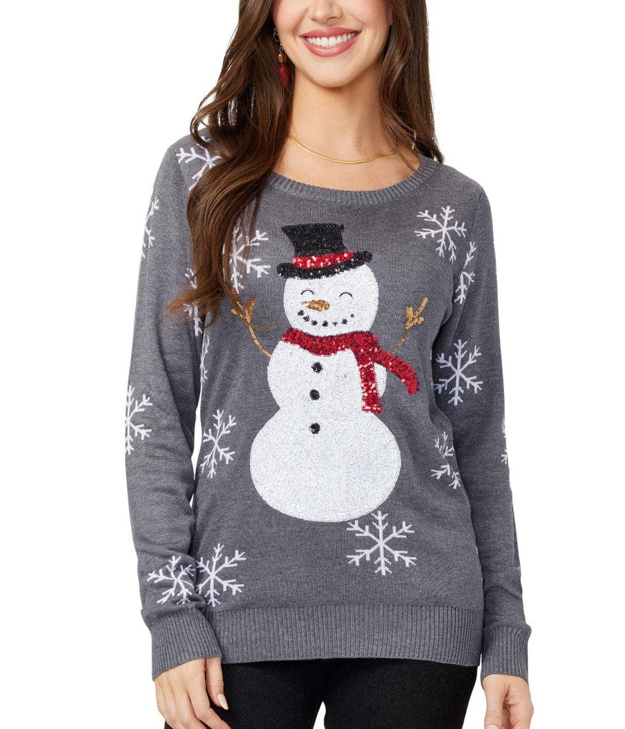 Renata-June | Women's Sequin Snowman Pullover Sweater with Snowflake Sleeve Detail