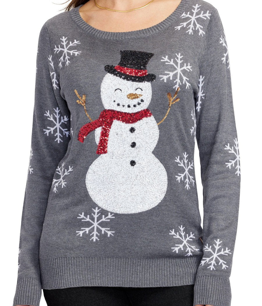 Renata-June | Women's Sequin Snowman Pullover Sweater with Snowflake Sleeve Detail