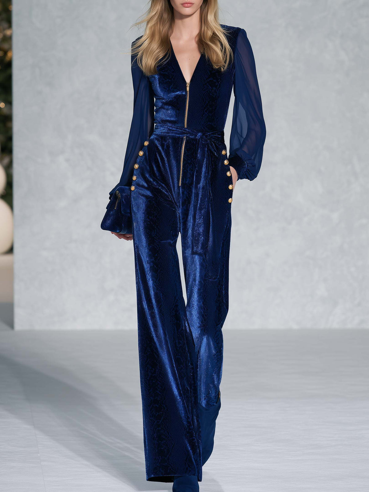 Sabine | Women's Sheer-Sleeve Velvet Wide-Leg Jumpsuit
