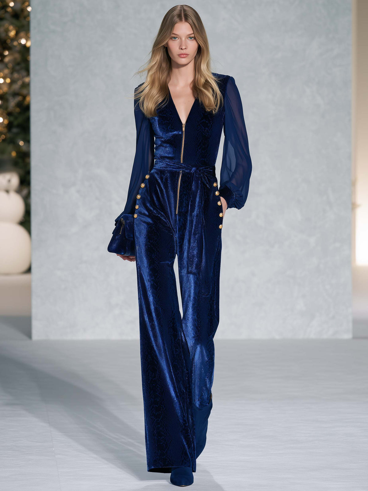 Sabine | Women's Sheer-Sleeve Velvet Wide-Leg Jumpsuit