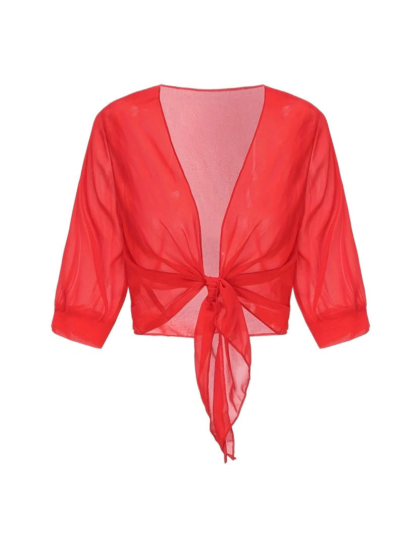 Beatrix-Iris | Women's Sheer Tie-Front Bolero Cardigan