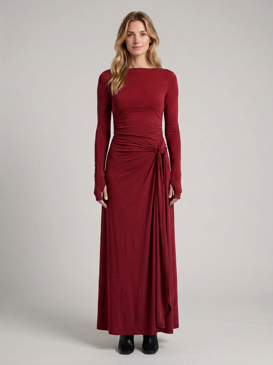 Cornelia-Edith | Women's Side-Draped Long-Sleeve Maxi Dress