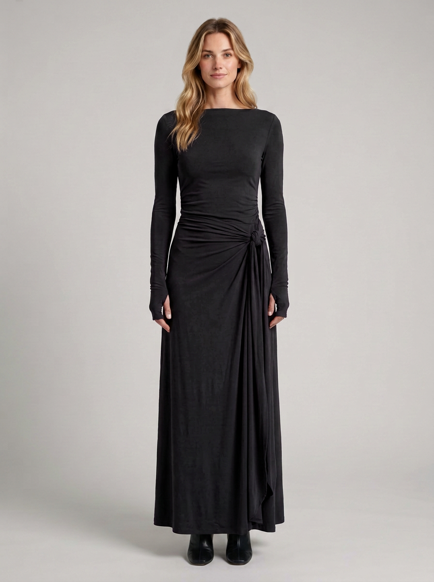 Cornelia-Edith | Women's Side-Draped Long-Sleeve Maxi Dress