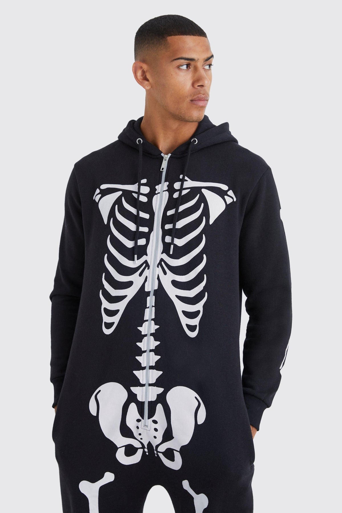 Sabine-Ramona | Women's Skeleton Print Hooded Zip-Up Jumpsuit
