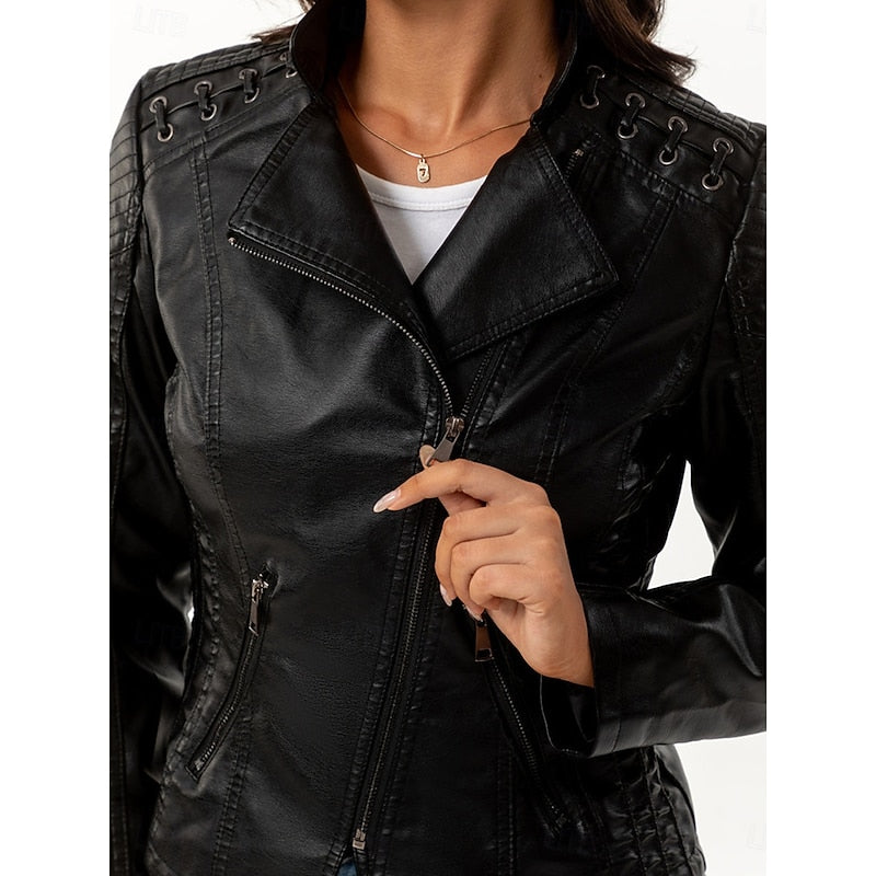Juliet-Delia | Women's Slim-Fit Asymmetrical-Zip Moto Jacket