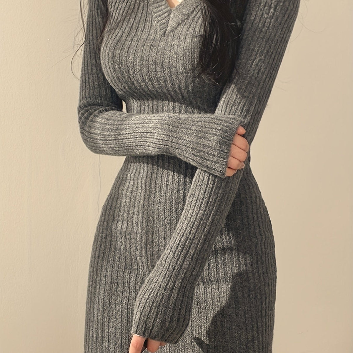 Patricia-Wilhelmina | Women's Slim-Fit V-Neck Ribbed Jumper Dress