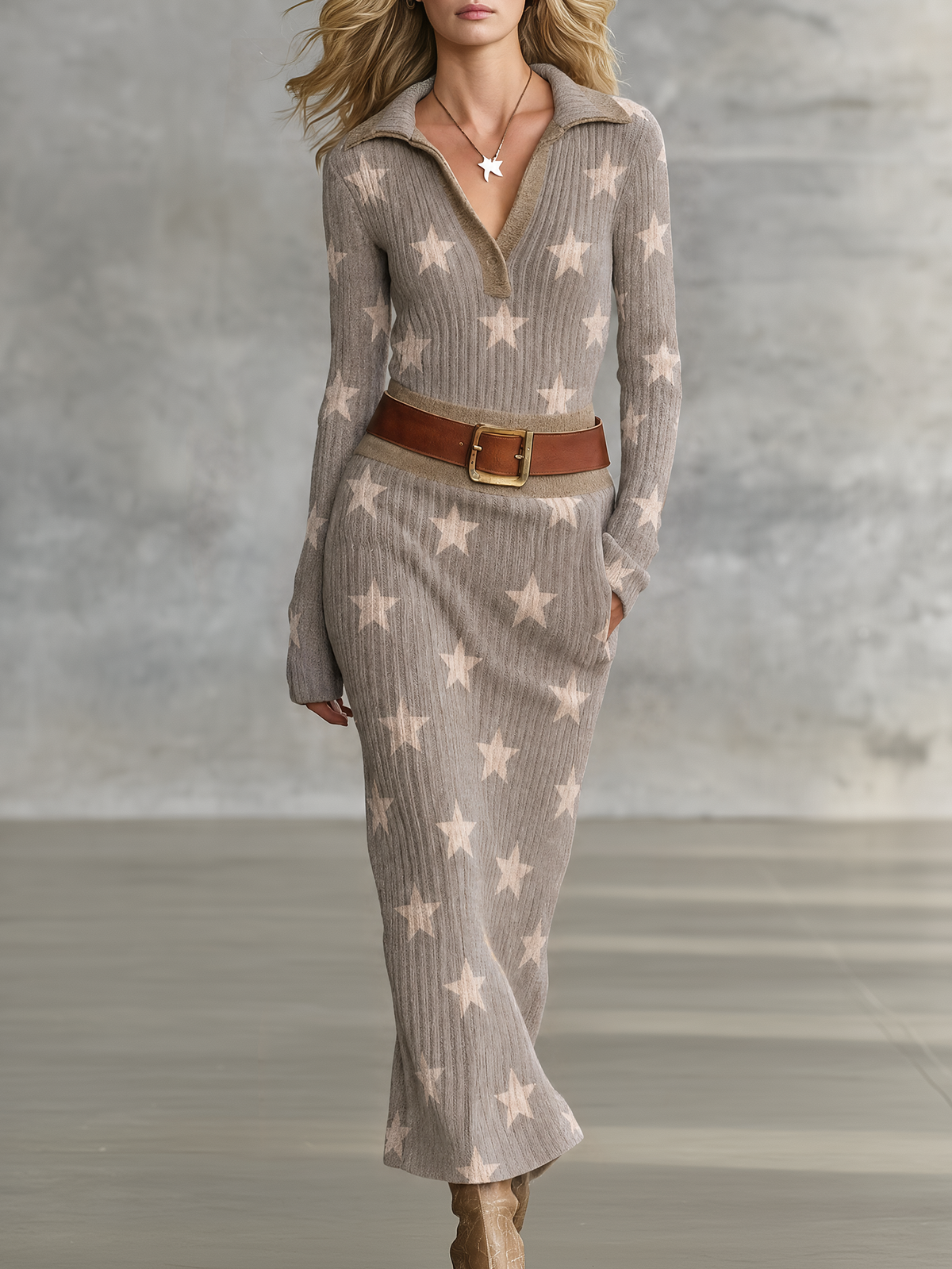 Hilda | Women's Star-Print Ribbed Knit Maxi Dress