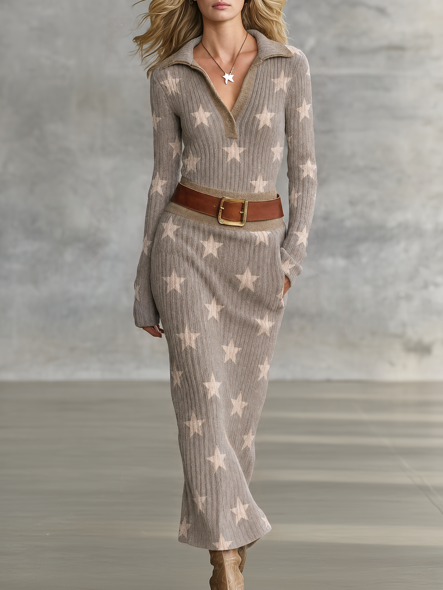 Hilda | Women's Star-Print Ribbed Knit Maxi Dress
