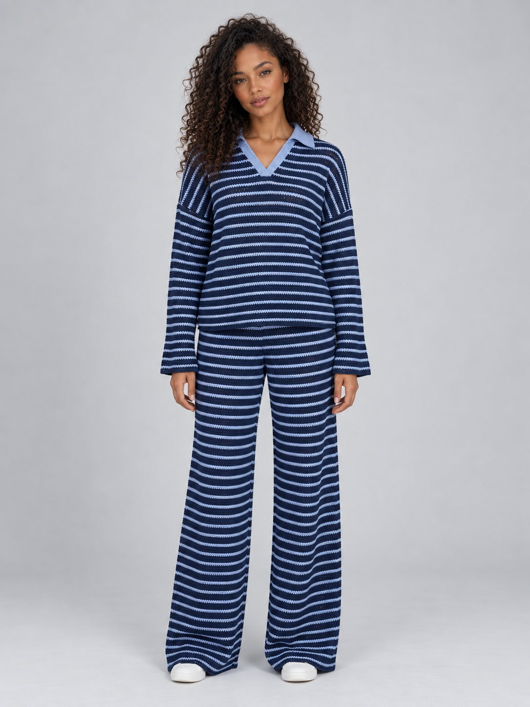Genevieve | Women's Striped Knit Collared Jumper & Wide-Leg Trouser Set