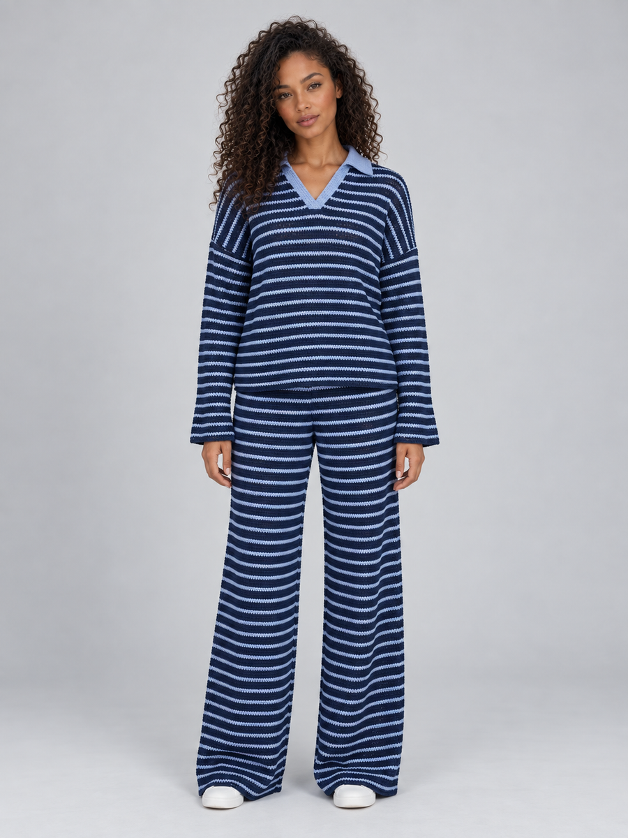 Genevieve | Women's Striped Knit Collared Jumper & Wide-Leg Trouser Set