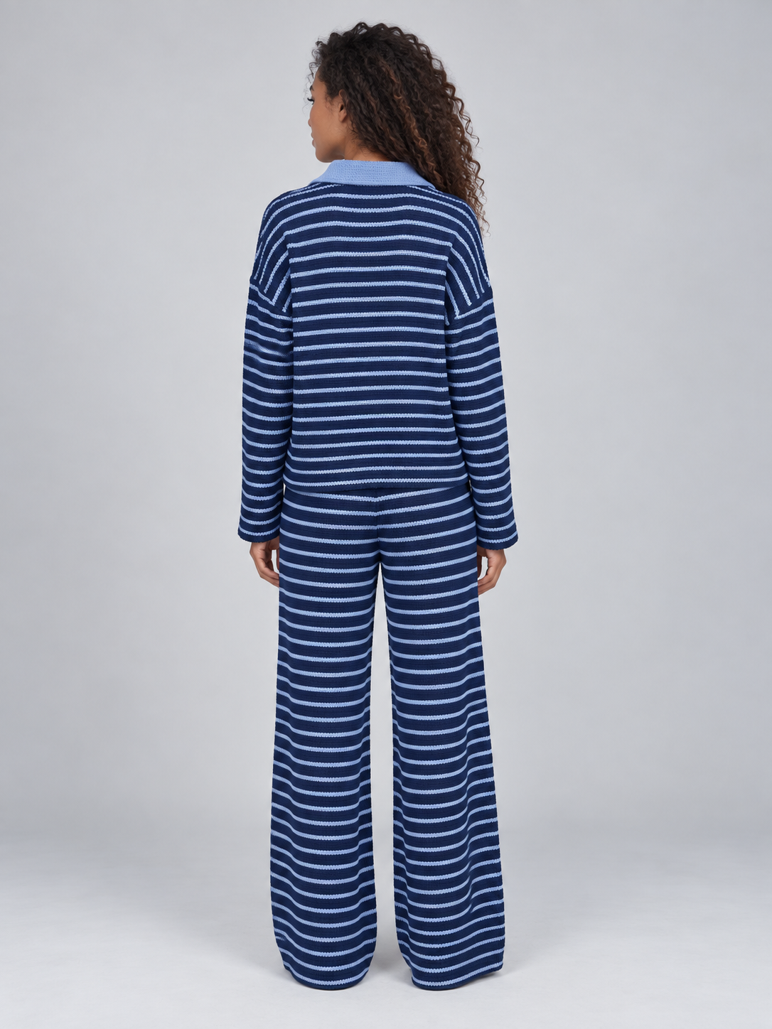 Genevieve | Women's Striped Knit Collared Jumper & Wide-Leg Trouser Set