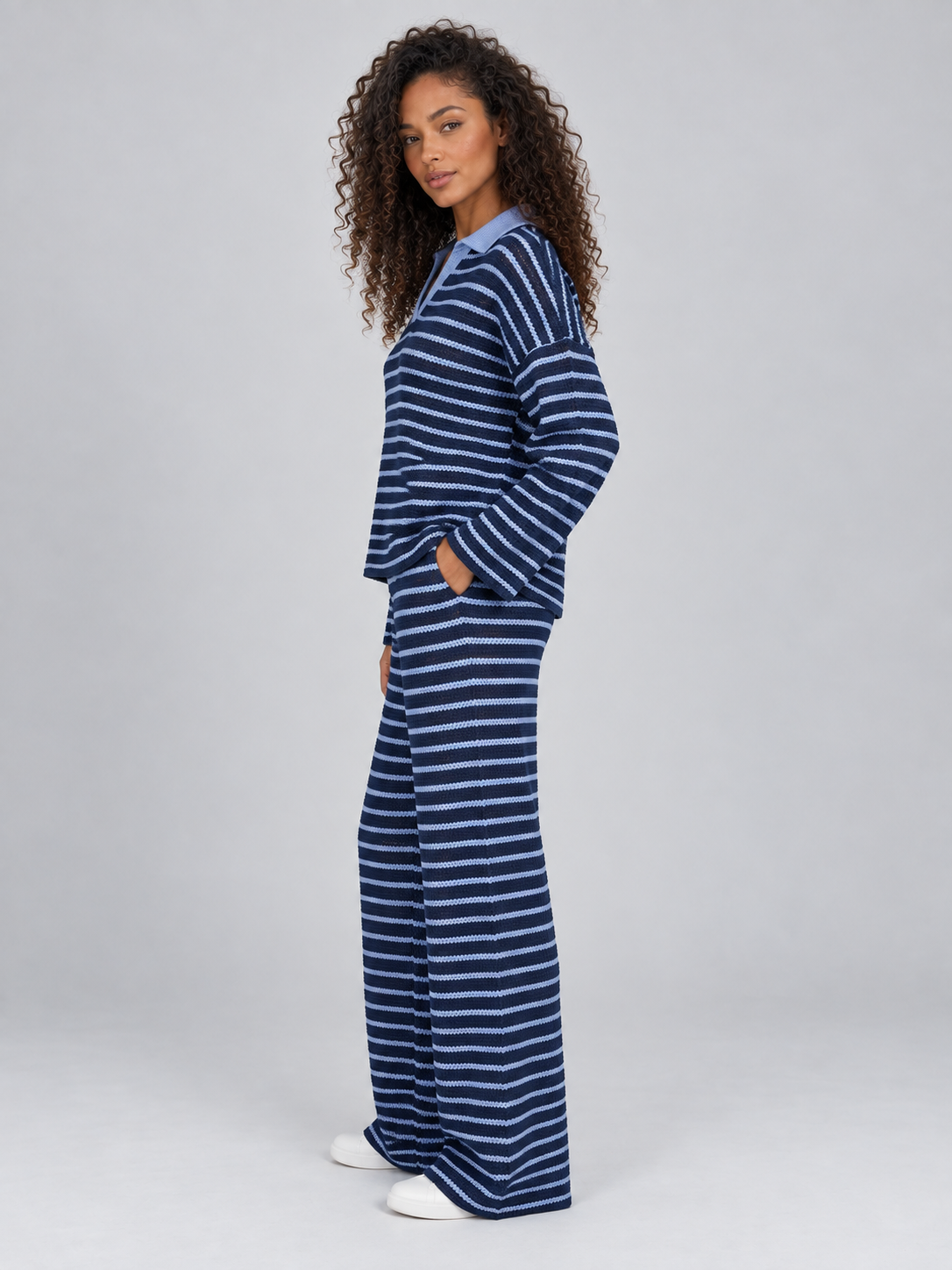 Genevieve | Women's Striped Knit Collared Jumper & Wide-Leg Trouser Set