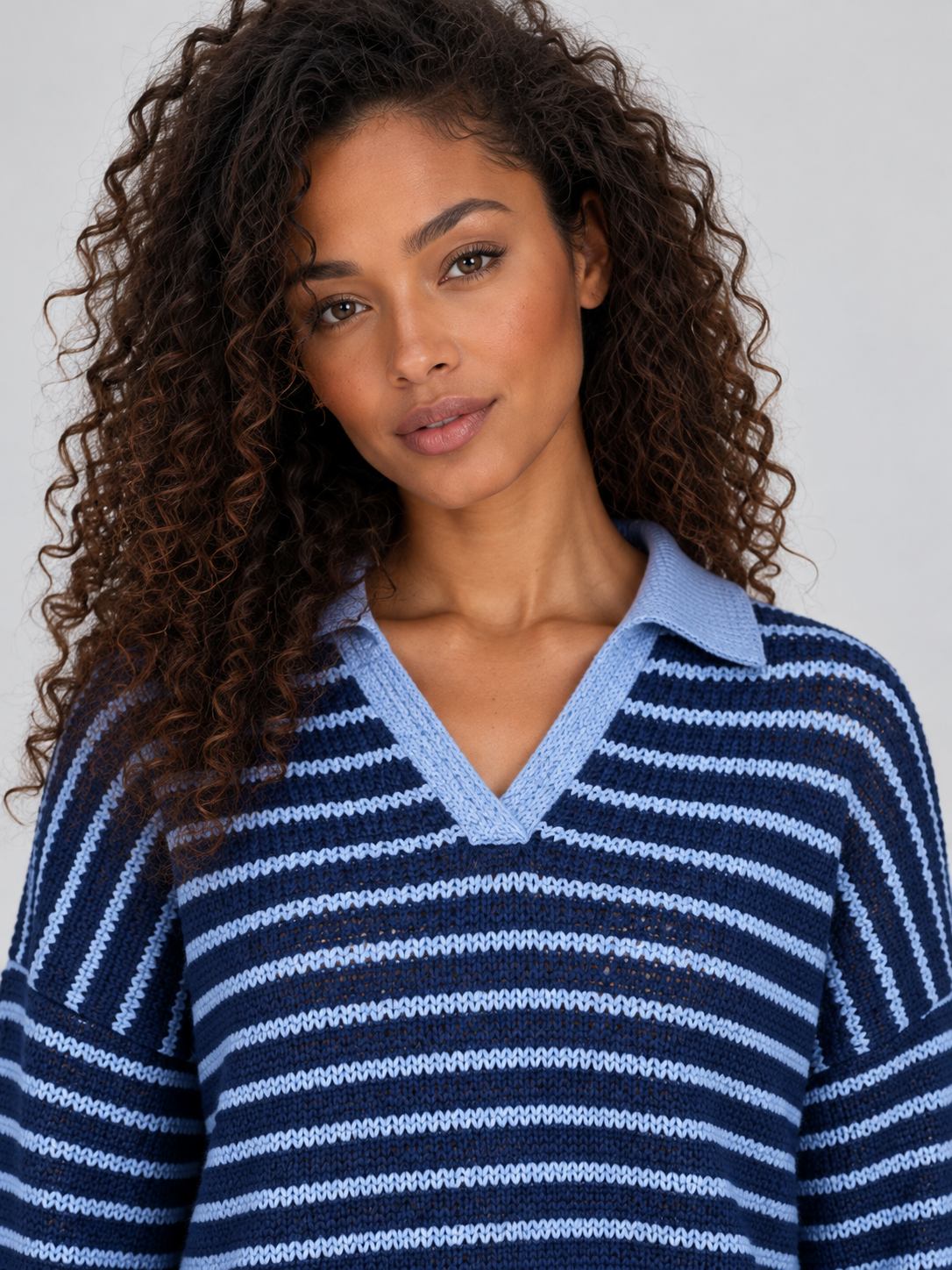 Genevieve | Women's Striped Knit Collared Jumper & Wide-Leg Trouser Set