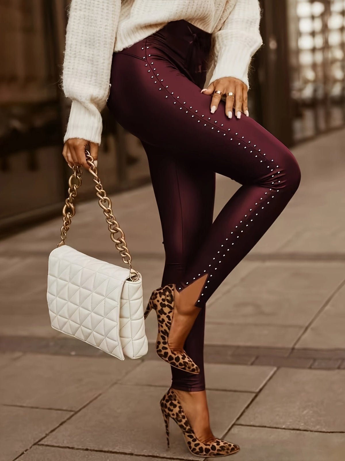 Genevieve-Bernadette | Women's Studded Skinny Trousers with Tie-Waist Detail
