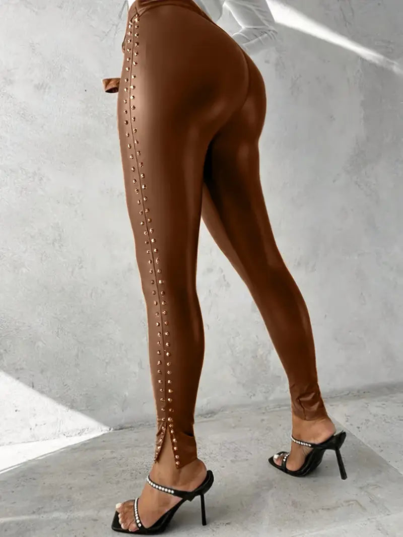 Genevieve-Bernadette | Women's Studded Skinny Trousers with Tie-Waist Detail
