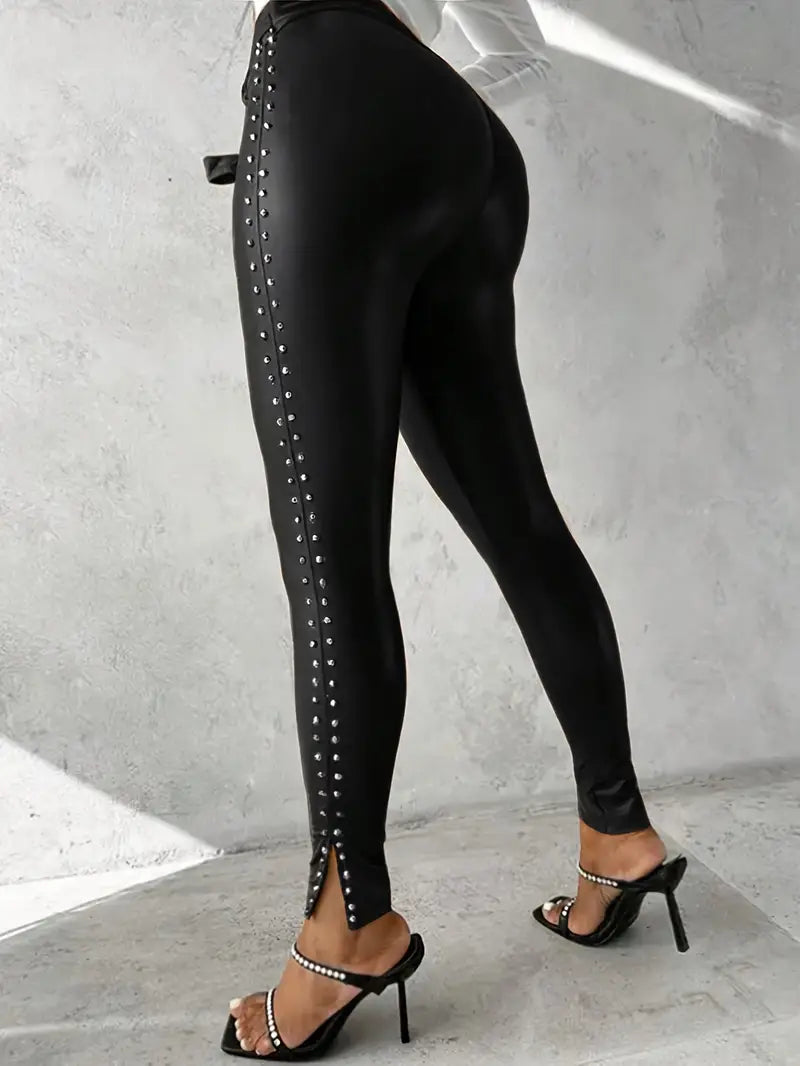 Genevieve-Bernadette | Women's Studded Skinny Trousers with Tie-Waist Detail