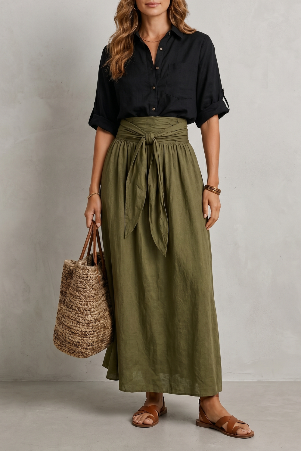 Genevieve-Bianca | Women's Tie-Waist Maxi Skirt & Blouse Set
