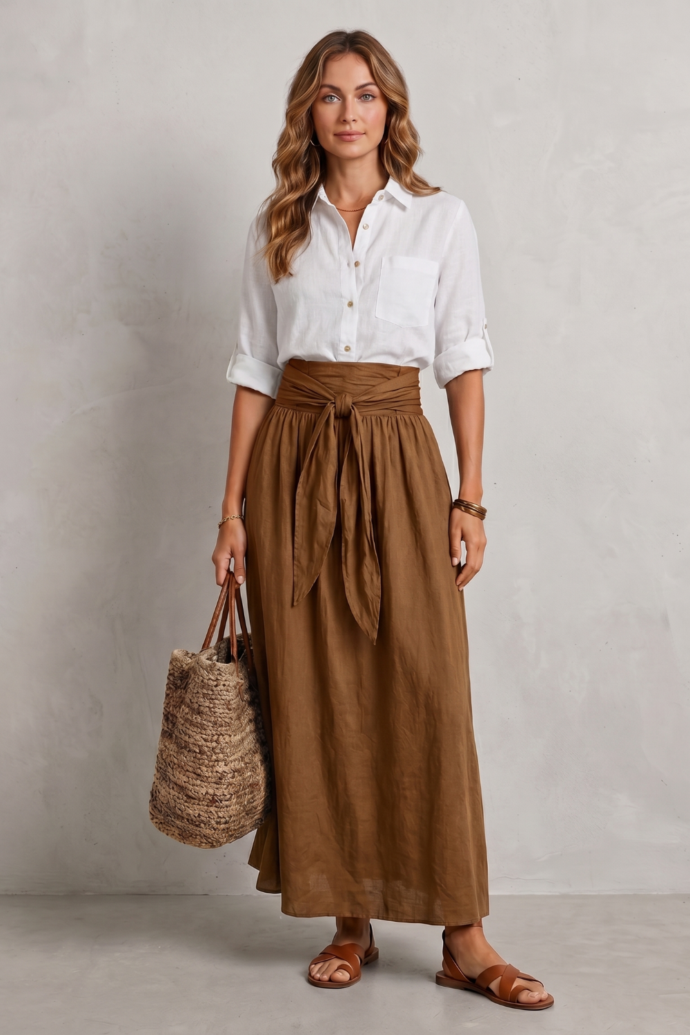 Genevieve-Bianca | Women's Tie-Waist Maxi Skirt & Blouse Set