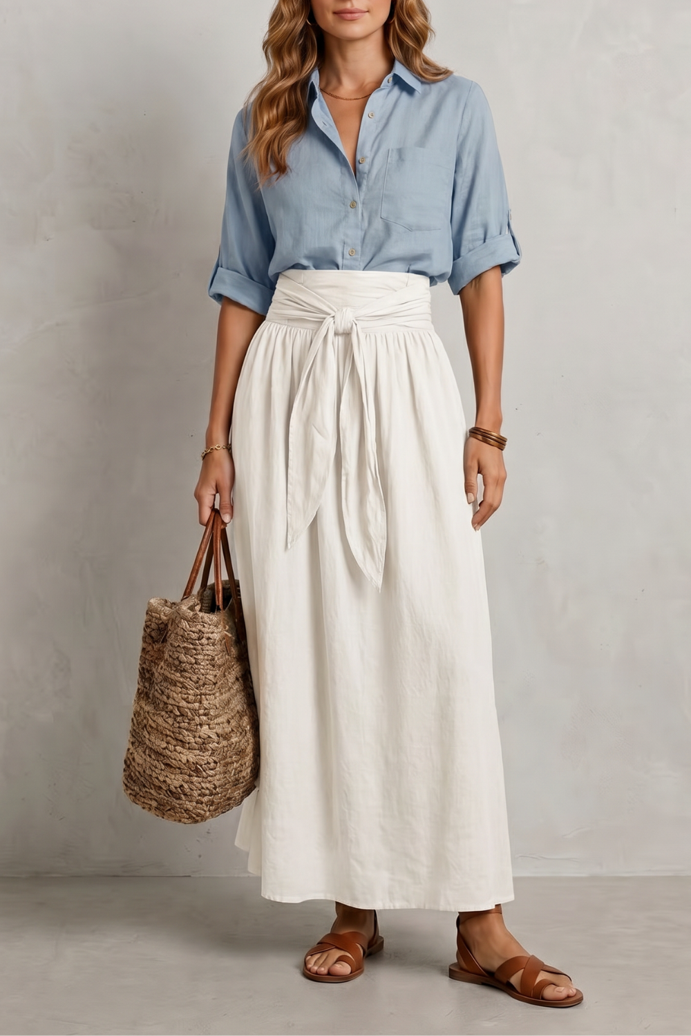 Genevieve-Bianca | Women's Tie-Waist Maxi Skirt & Blouse Set